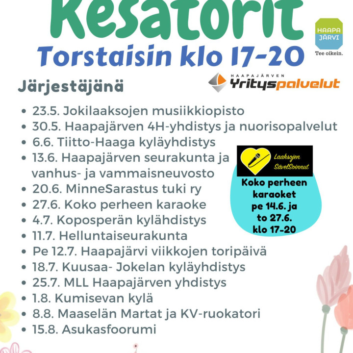 Ohjelmalliset TorstaiTorit 23.5.-15.8.