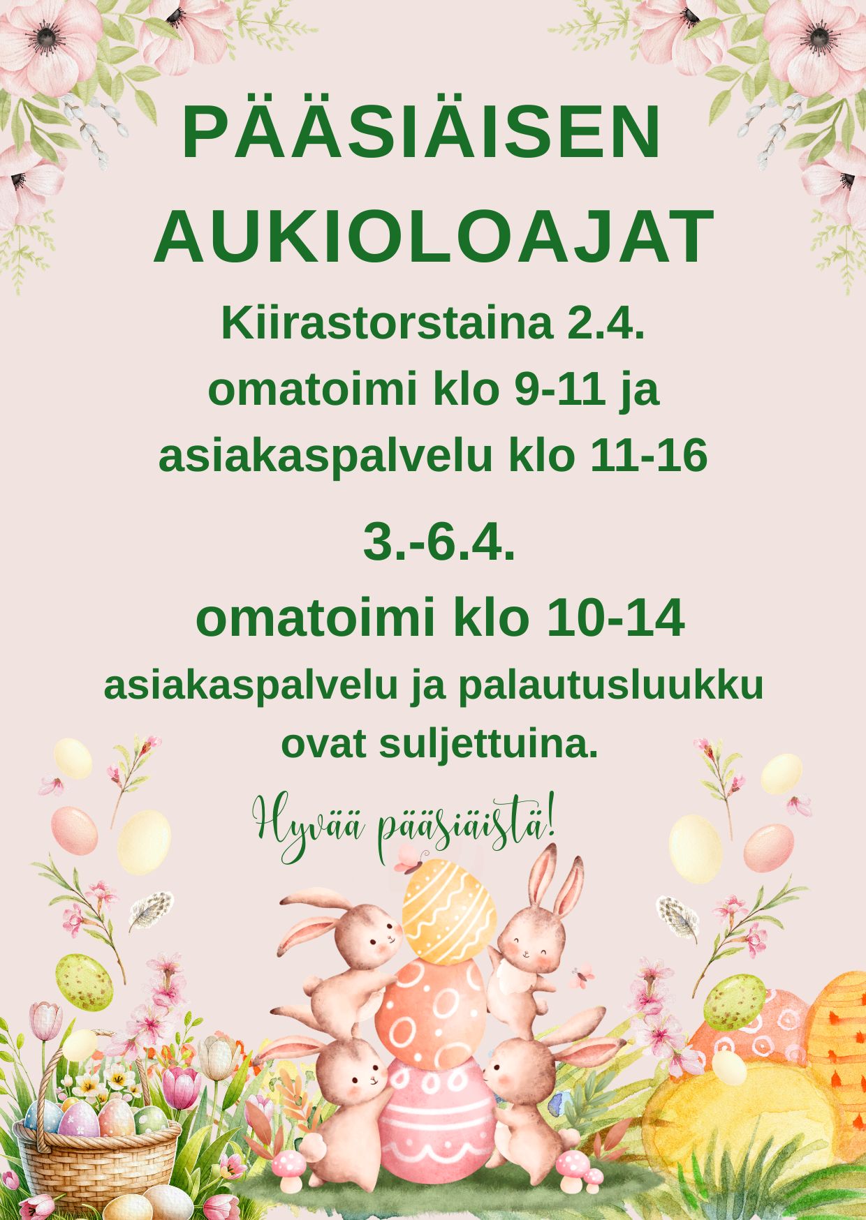 Kirjaston aukioloajat pääsiäisen aikana.