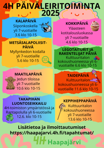 4H-päiväleiritoimintaa 3.-6.6 ja 10.-13.6.2025