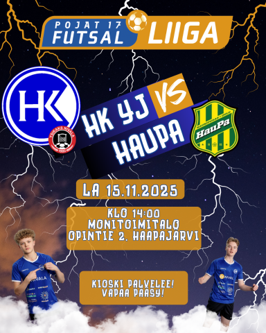 Futsal-liiga ottelu monitoimihallilla 15.11.25 klo 14:00 Kiilat vastaan Haukiputaan Pallo. Maksuton tapahtuma.