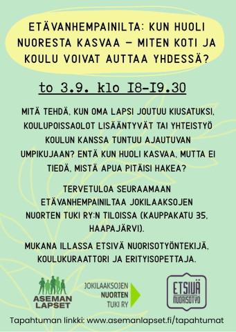 Mitä tehdä, kun oma lapsi joutuu kiusatuksi, koulupoissaolot lisääntyvät tai yhteistyö koulun kanssa tuntuu ajautuvan umpikujaan? Entä kun huoli kasvaa, mutta ei tiedä, mistä apua pitäisi hakea?   Haastavissa tilanteissa vanhempi jää helposti yksin pohtimaan, mikä olisi seuraava oikea askel. Etävanhempainillassa keskustellaan siitä, miten yhteistyötä koulun kanssa voi rakentaa myös silloin, kun tilanne on vaikea. Mitä voit itse tehdä? Miten päästä eteenpäin, vaikka näkemykset eivät kohtaisi?