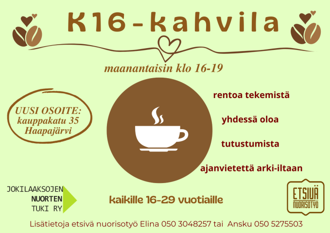K16-kahvila maanantaisin klo 16-19 kauppakatu 35