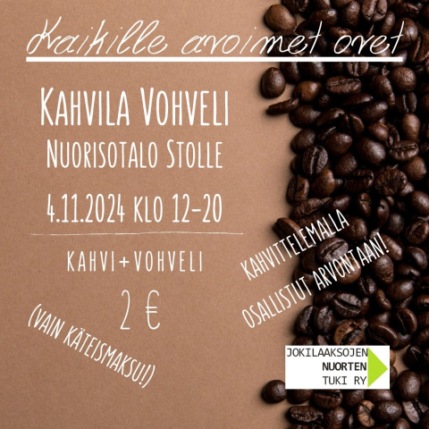 Kaikille avoimet ovet. Vohveli kahvila Nuorisotalo stollessa 4.11.2024 klo 12-20 kahvi+vohveli  2€. Tervetuloa!