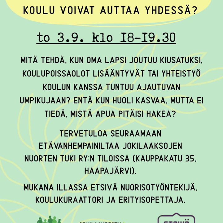Mitä tehdä, kun oma lapsi joutuu kiusatuksi, koulupoissaolot lisääntyvät tai yhteistyö koulun kanssa tuntuu ajautuvan umpikujaan? Entä kun huoli kasvaa, mutta ei tiedä, mistä apua pitäisi hakea?   Haastavissa tilanteissa vanhempi jää helposti yksin pohtimaan, mikä olisi seuraava oikea askel. Etävanhempainillassa keskustellaan siitä, miten yhteistyötä koulun kanssa voi rakentaa myös silloin, kun tilanne on vaikea. Mitä voit itse tehdä? Miten päästä eteenpäin, vaikka näkemykset eivät kohtaisi?