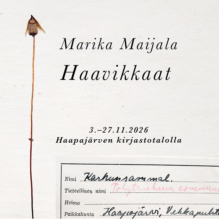 Kuvassa kuivattu karhunsammal ja luettelokortti vanhasta kasviosta