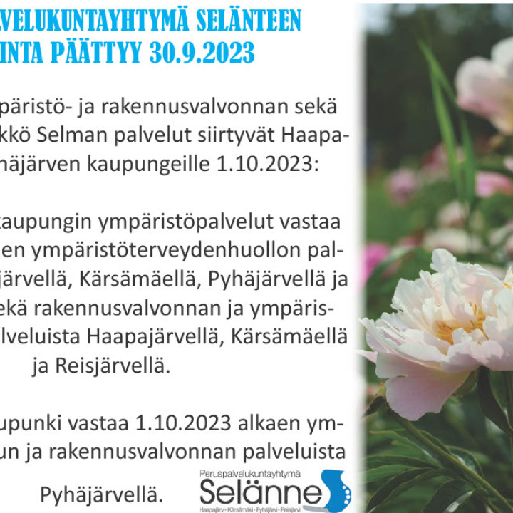 Peruspalvelukuntayhtymä Selänteen toiminta päättyy.