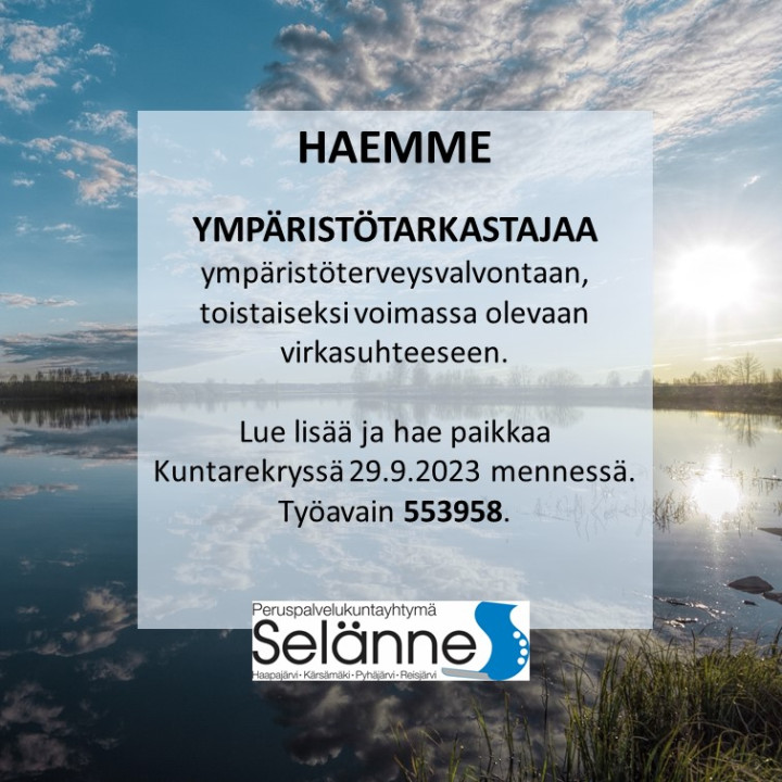 Ympäristötarkastajan hakuilmoitus.